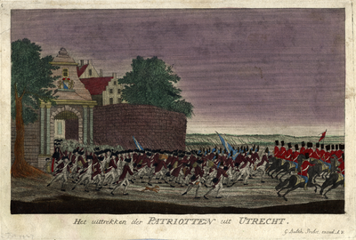 32434 Gezicht op een stadspoort te Utrecht waaruit vluchtende militairen te voet en te paard vertrekken in de nacht van ...